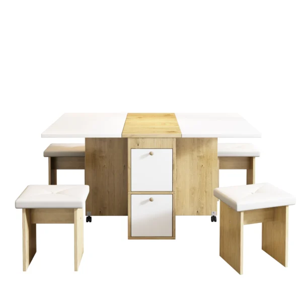 5-Piece Foldable Extendable Dining Table Set with 4 Chairs – White and Oak