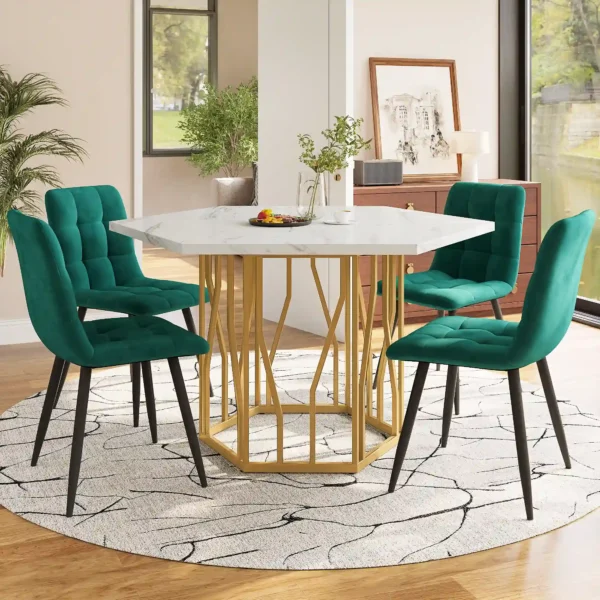 5-Piece Hexagon Dining Table Set with 4 Green Velvet Chairs – Gold and White