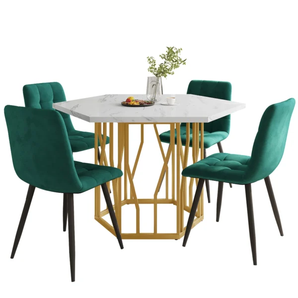 5-Piece Hexagon Dining Table Set with 4 Green Velvet Chairs – Gold and White