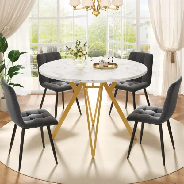 5-Piece Round Dining Table Set with 4 Grey Linen Chairs – Gold and White