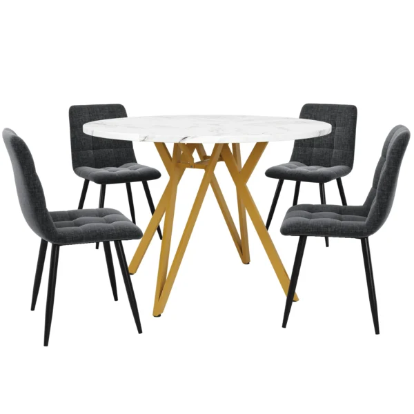 5-Piece Round Dining Table Set with 4 Grey Linen Chairs – Gold and White