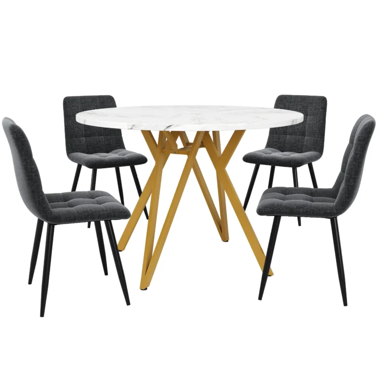5-Piece Round Dining Table Set with 4 Grey Linen Chairs – Gold and White