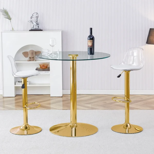 3-Piece Round Glass Bar Table Set with 2 Adjustable Stools – Gold and Transparent
