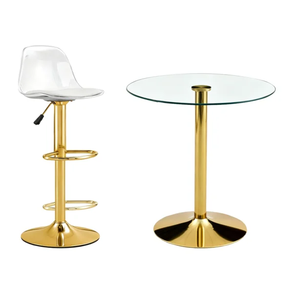 3-Piece Round Glass Bar Table Set with 2 Adjustable Stools – Gold and Transparent