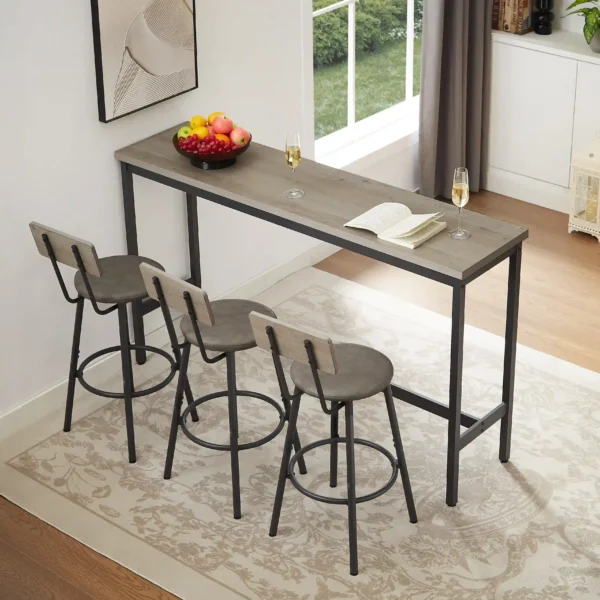 4-Piece Long Bar Table Set with 3 PU Stools – Grey and Black