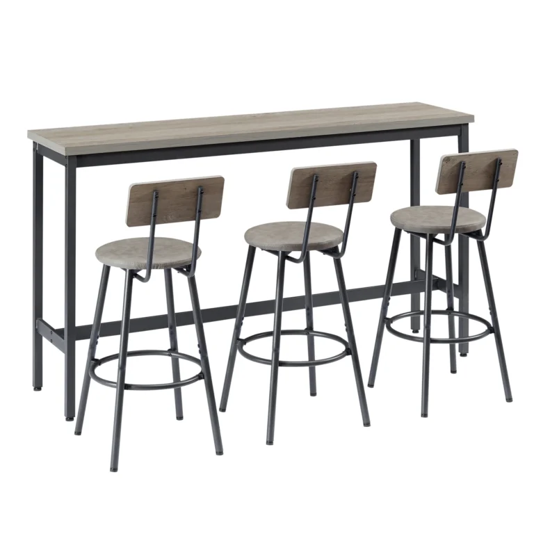 4-Piece Long Bar Table Set with 3 PU Stools – Grey and Black