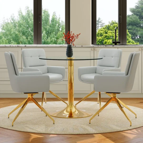 5-Piece Round Glass Dining Table Set with 4 Light Grey PU Chairs – Gold