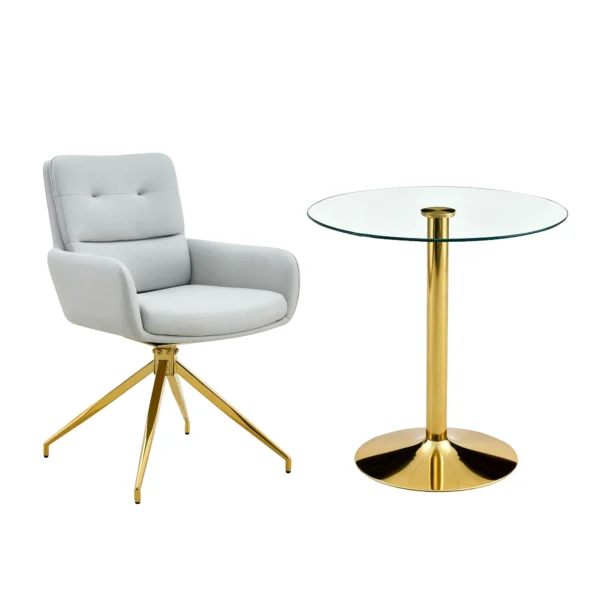 5-Piece Round Glass Dining Table Set with 4 Light Grey PU Chairs – Gold