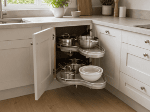 Pull-out corner unit providing practical kitchen storage in a Dublin home