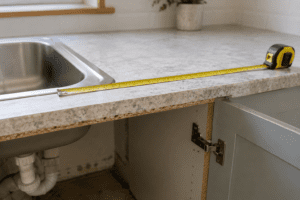 Measuring a kitchen countertop before replacement near the sink in Dublin