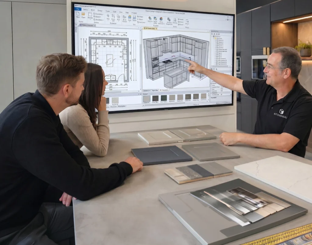 Kitchen designer showing a Dublin couple their new kitchen plan during a free design consultation in Ireland
