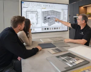 Kitchen designer showing a Dublin couple their new kitchen plan during a free design consultation in Ireland