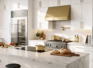 White fitted kitchen installation in Dublin with brass handles and marble worktop