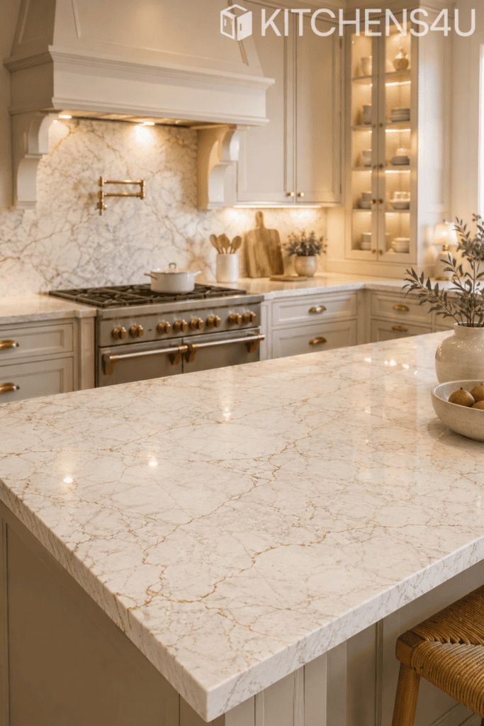Quartz kitchen island worktop in a classic Dublin kitchen