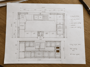Kitchen planning layout drawing with measurements for an Irish home