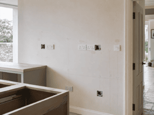 Kitchen socket and switch positions marked out before renovation work in Dublin