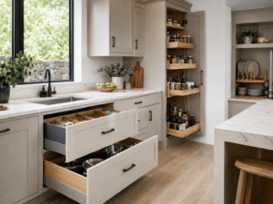Kitchen storage planning with deep drawers and pull-out larder cabinet in Dublin