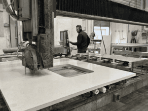 Kitchen worktop being cut and fabricated to template in an Irish workshop