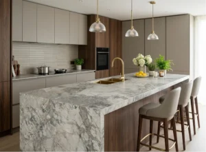 White marble-effect waterfall worktop fitted on a modern kitchen island in Ireland
