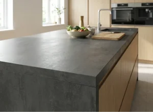 Close-up of a dark grey concrete-effect kitchen worktop with a square edge in Ireland