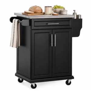 Black Kitchen Island Trolley with Drawer and Stainless Steel Top