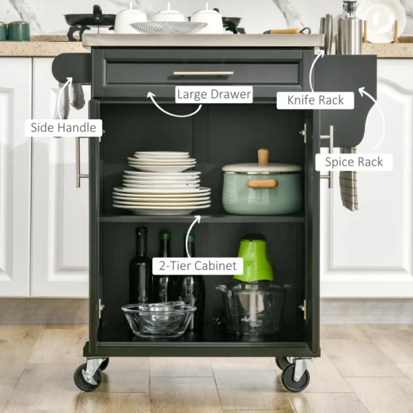 Black Kitchen Island Trolley with Drawer and Stainless Steel Top