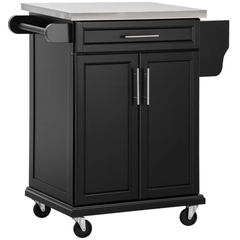 Black Kitchen Island Trolley with Drawer and Stainless Steel Top