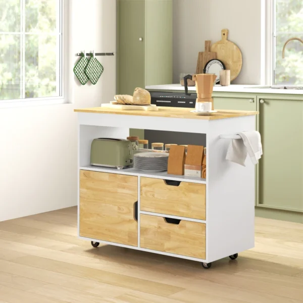 White Kitchen Island Trolley with Cabinet and Worktop