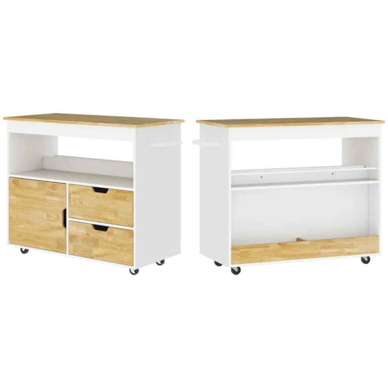White Kitchen Island Trolley with Cabinet and Worktop
