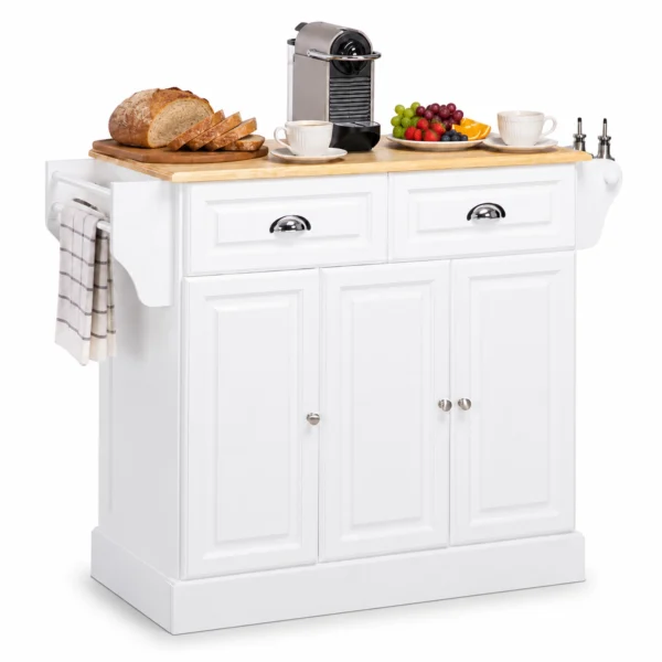 White Rolling Kitchen Island with Storage and Rubberwood Top