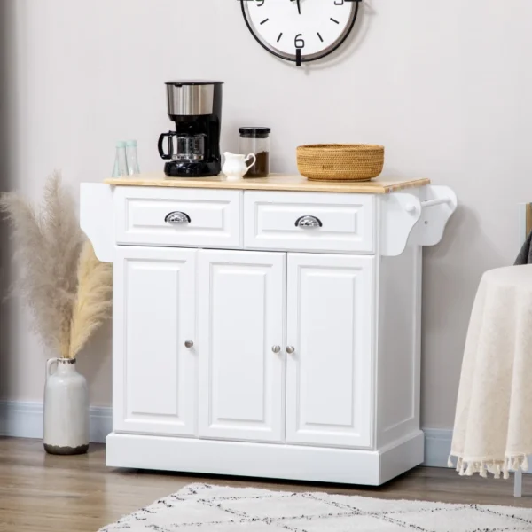 White Rolling Kitchen Island with Storage and Rubberwood Top