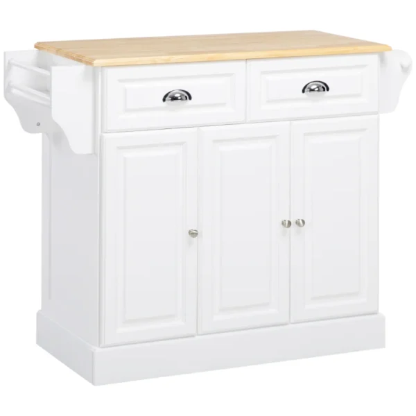 White Rolling Kitchen Island with Storage and Rubberwood Top