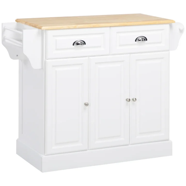 White Rolling Kitchen Island with Storage and Rubberwood Top
