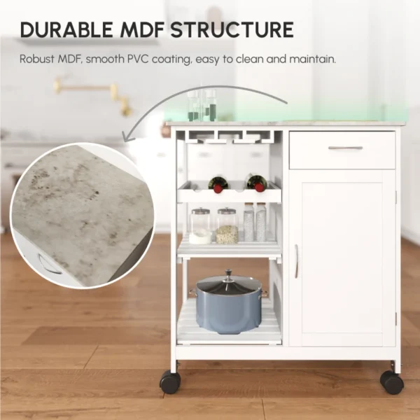 White Compact Kitchen Trolley with Wine Rack and Cabinet