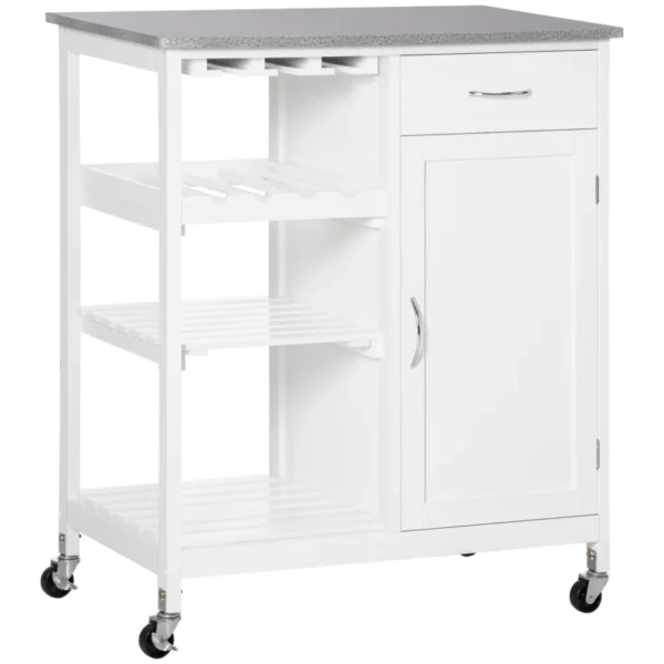 White Compact Kitchen Trolley with Wine Rack and Cabinet