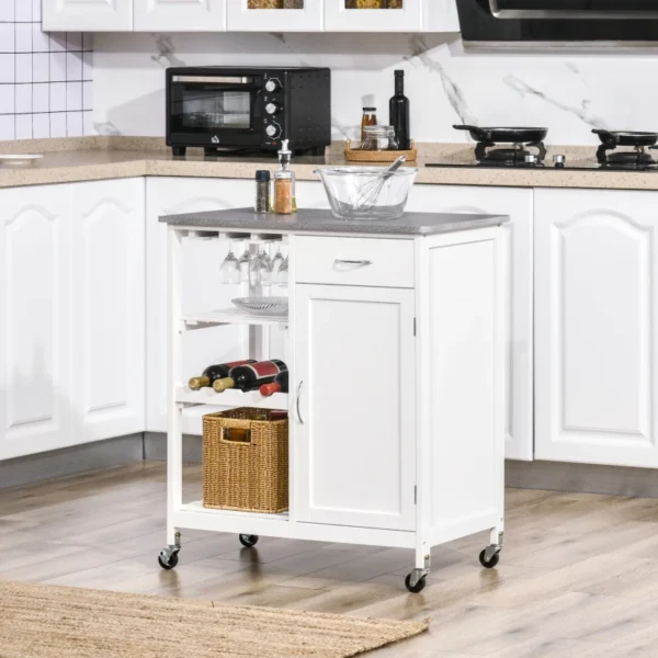 White Compact Kitchen Trolley with Wine Rack and Cabinet