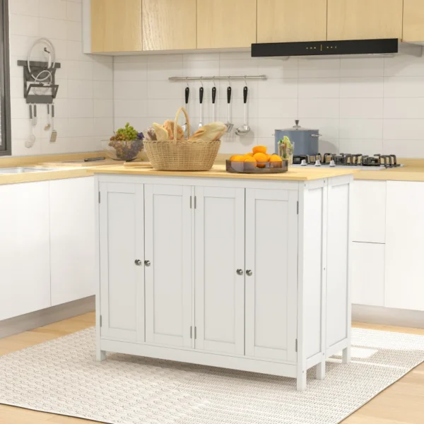 White Kitchen Island Set with 2 Stools and Foldable Worktop