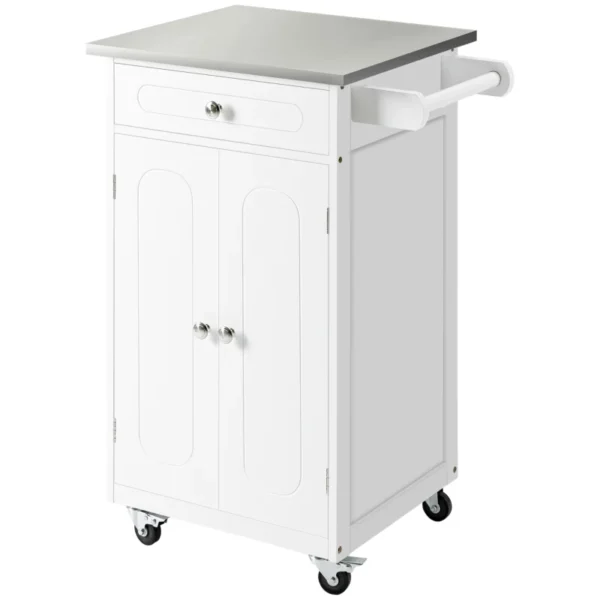 White Kitchen Trolley with Stainless Steel Top and Cabinet
