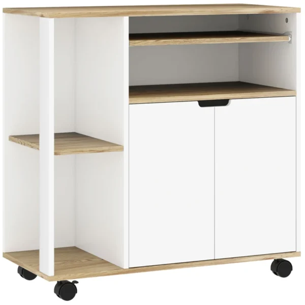 White Rolling Kitchen Cart with Cabinet and Adjustable Shelves