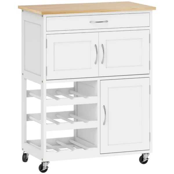 White Rolling Kitchen Island with Wine Rack and Storage Cabinet