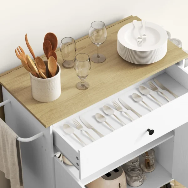 White Rolling Kitchen Island with Drop Leaf and Storage