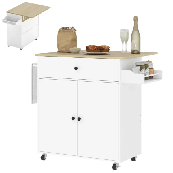 White Rolling Kitchen Island with Drop Leaf and Storage