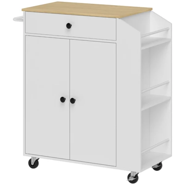 White Rolling Kitchen Island with 3-Tier Spice Rack