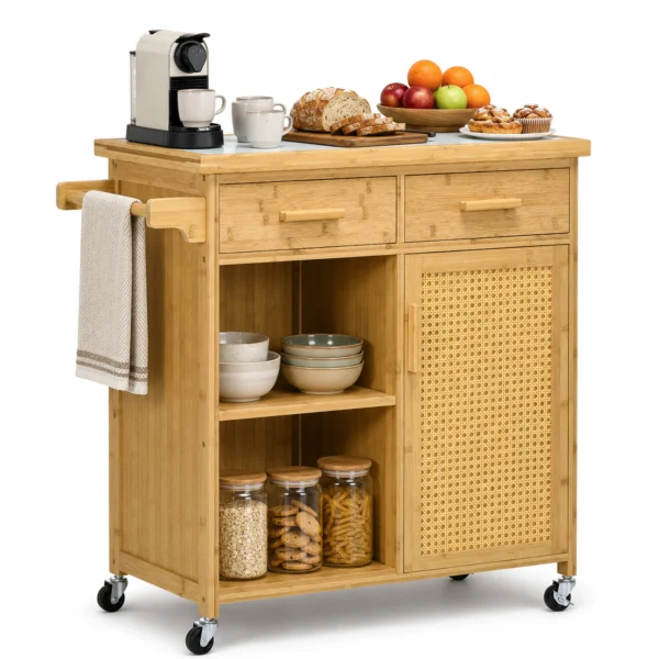 Natural Bamboo Kitchen Cart with Drawers and Cabinet