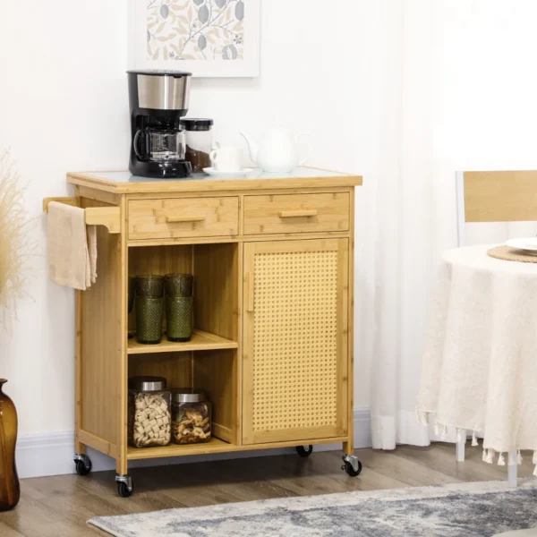 Natural Bamboo Kitchen Cart with Drawers and Cabinet