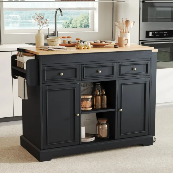Extendable Kitchen Island Trolley with Storage Drawers and Spice Rack – Black and Natural