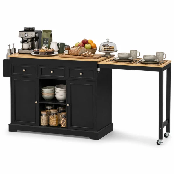 Extendable Kitchen Island Trolley with Storage Drawers and Spice Rack – Black and Natural