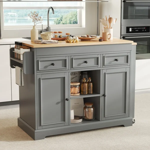Extendable Kitchen Island Trolley with Storage Drawers and Spice Rack – Grey and Natural