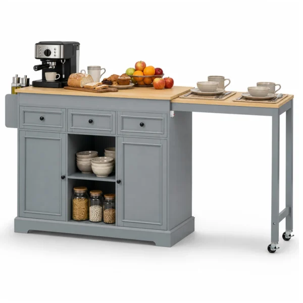 Extendable Kitchen Island Trolley with Storage Drawers and Spice Rack – Grey and Natural