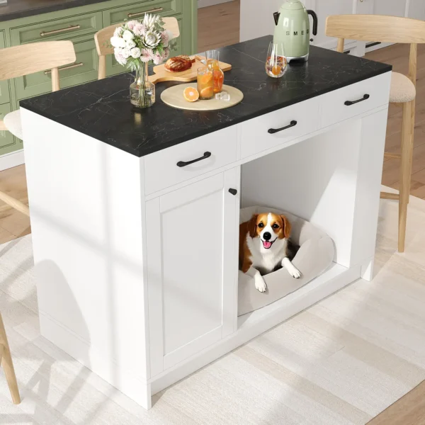 Kitchen Island Cabinet with Storage Drawers, Adjustable Shelves and Pet Area – White